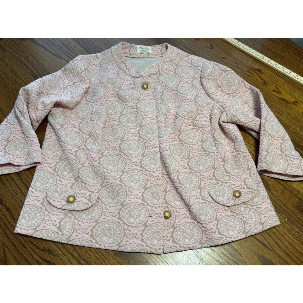 Amy Adams Knits Vintage Pink Medallion Jacquard Jacket Gold Button Womens L/XL